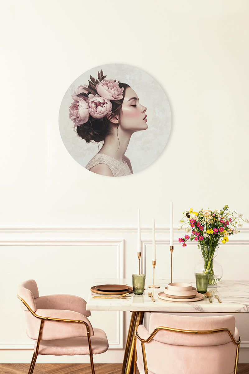 BigFreddy® Woman with Peony Flowers Dibond Rond bigfreddy-shop Ø 40 cm Met gratis ophangsysteem dbw-075-40x40-r-mozm