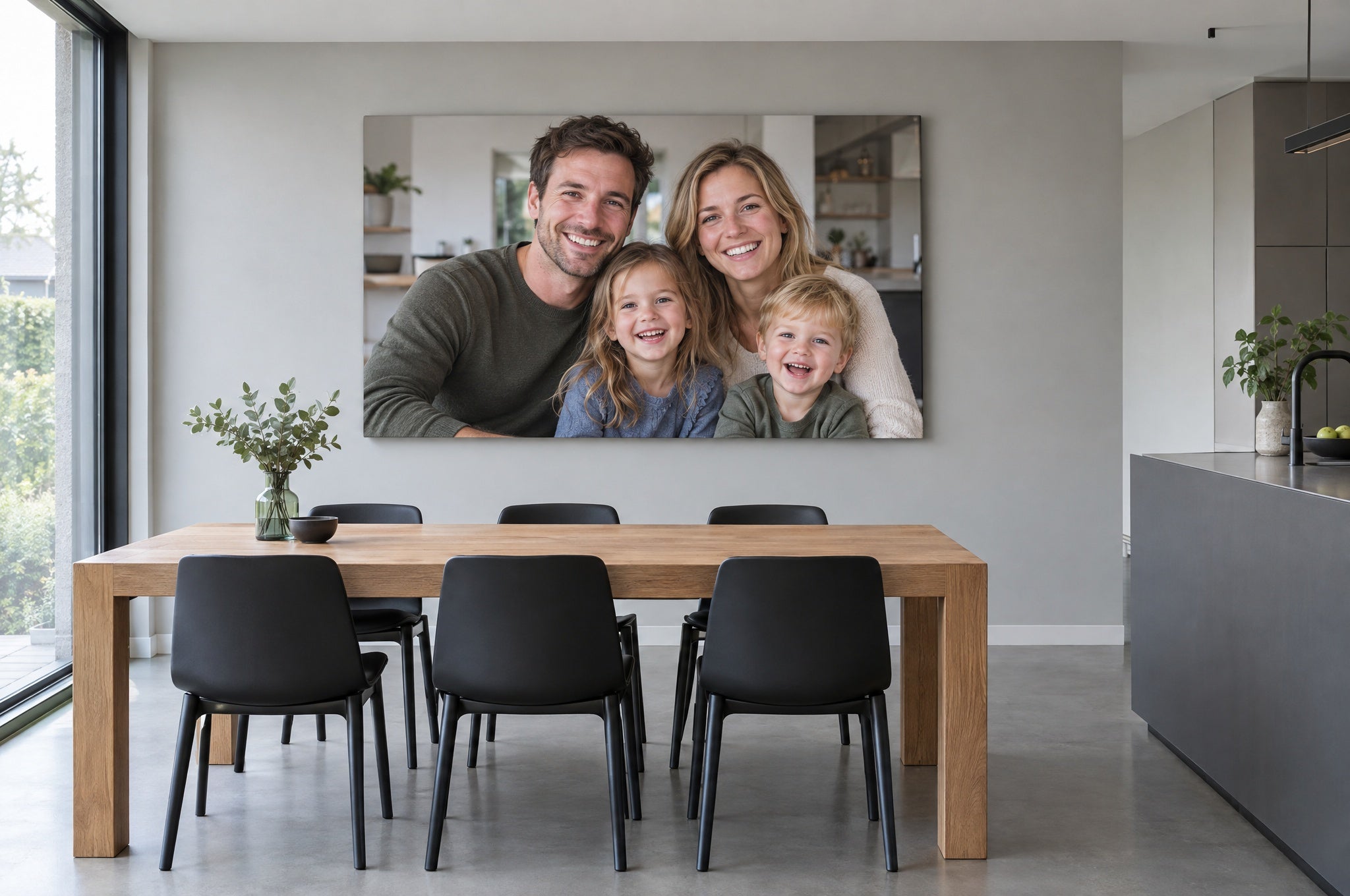 Akoestisch schilderij met gezinsfoto boven de eettafel in een open keuken met betonvloer