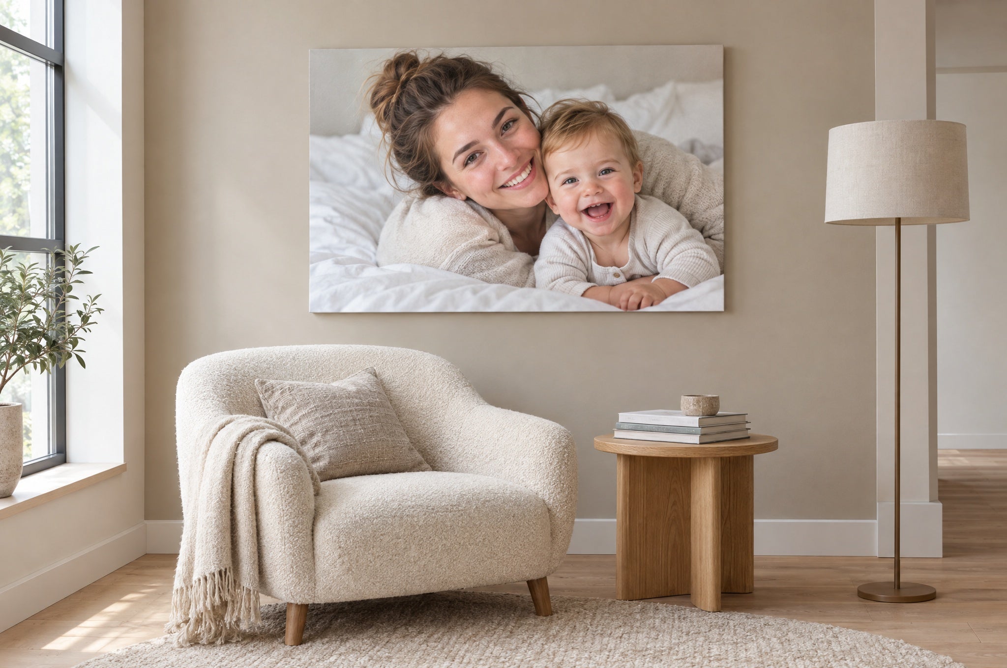Foto auf Leinwand über einer Leseecke mit Bouclé-Sessel und Eichen-Beistelltisch