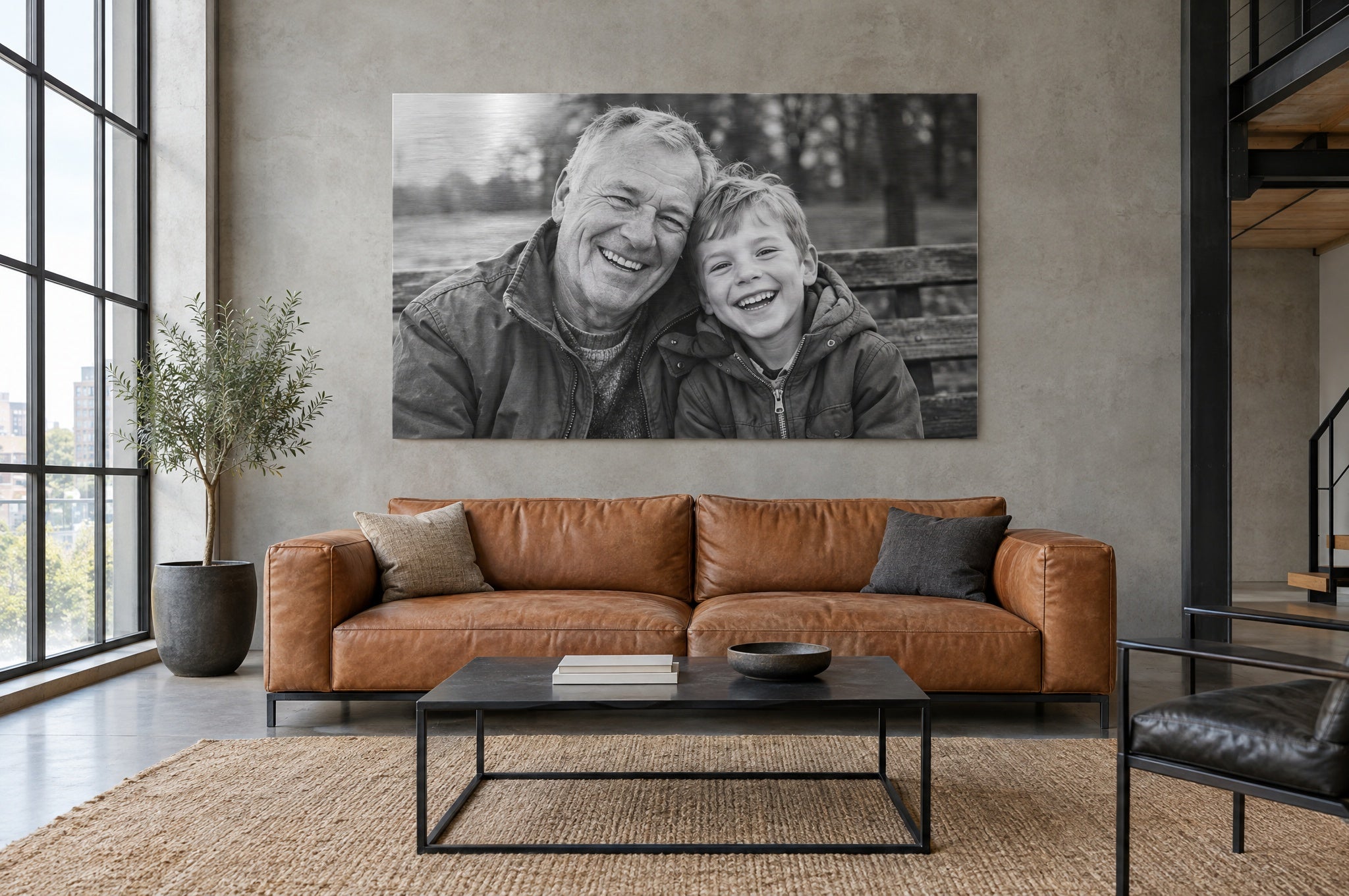 XXL zwart-witfoto op geborsteld aluminium in een industriële loft met cognac leren bank