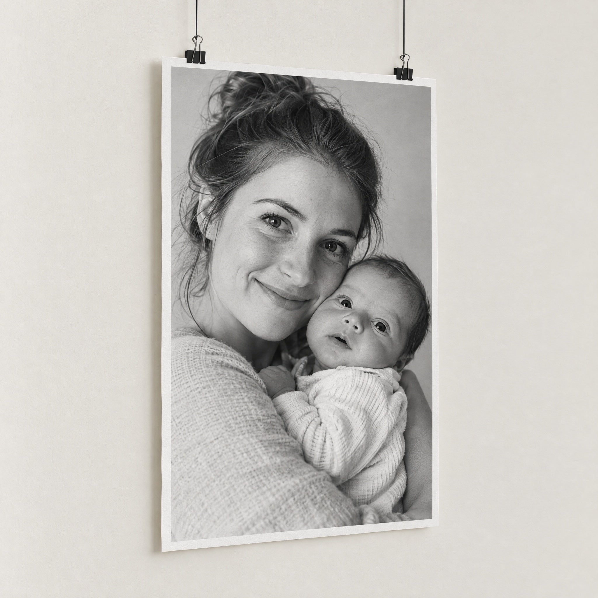 Schwarz-Weiß-Foto auf Fine-Art-Papier mit Mutter und Baby, an schwarzen Posterclips