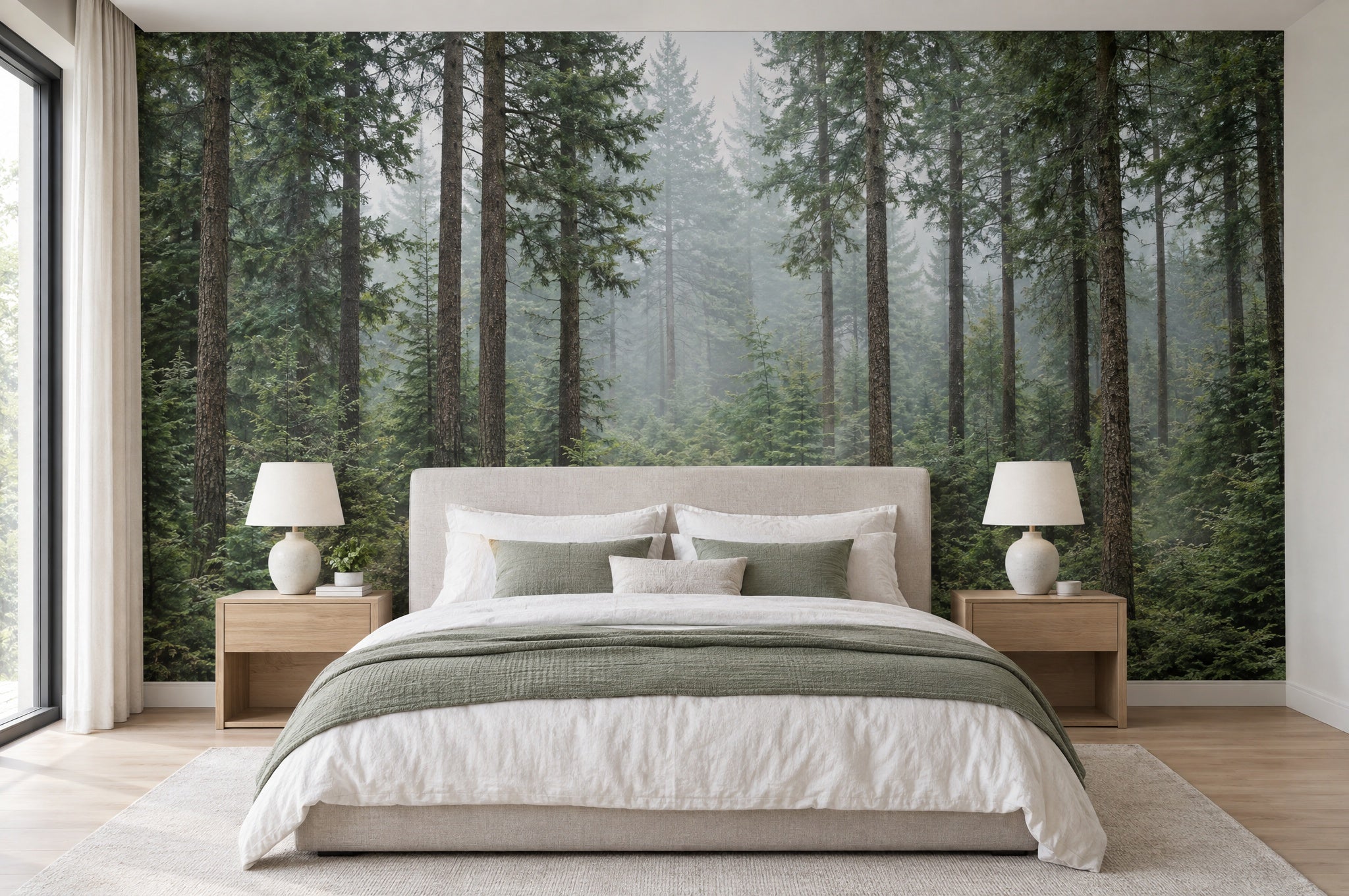 Fotobehang met een mistig dennenbos achter het bed in een rustige slaapkamer