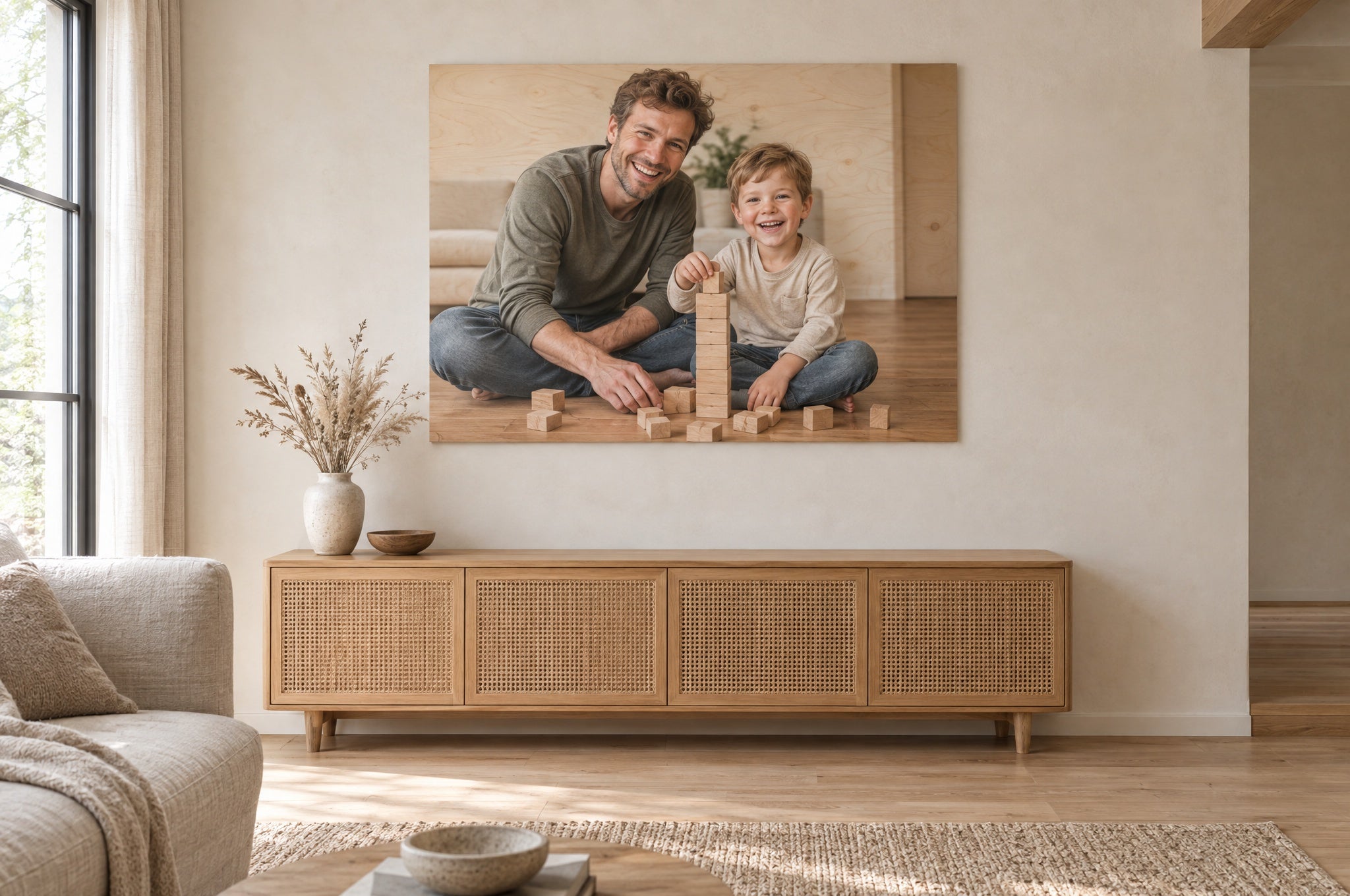 Grote foto op hout boven een rotan dressoir in een Japandi-woonkamer