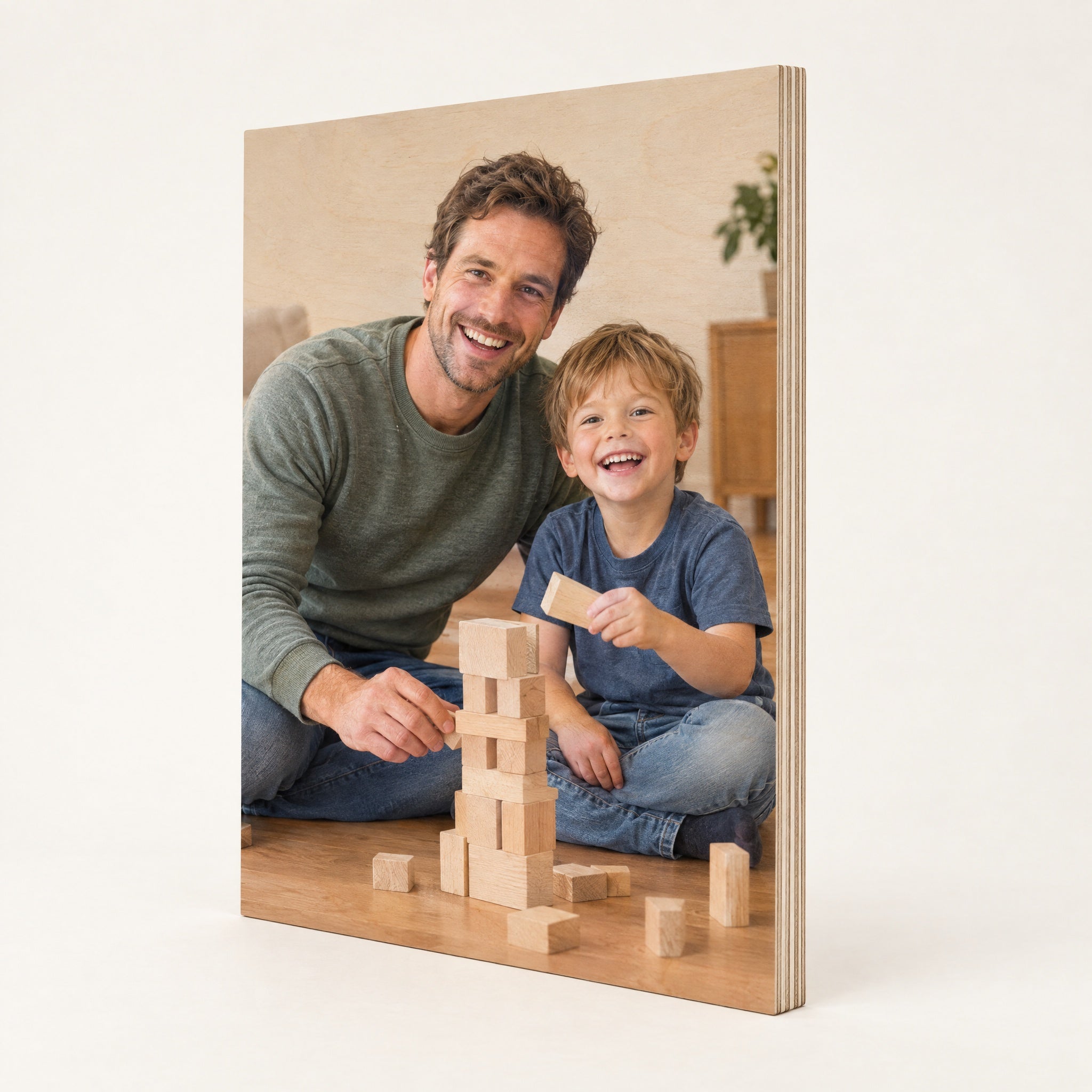 Foto op hout 18 mm met vader en zoon, gelaagde berken multiplex rand zichtbaar