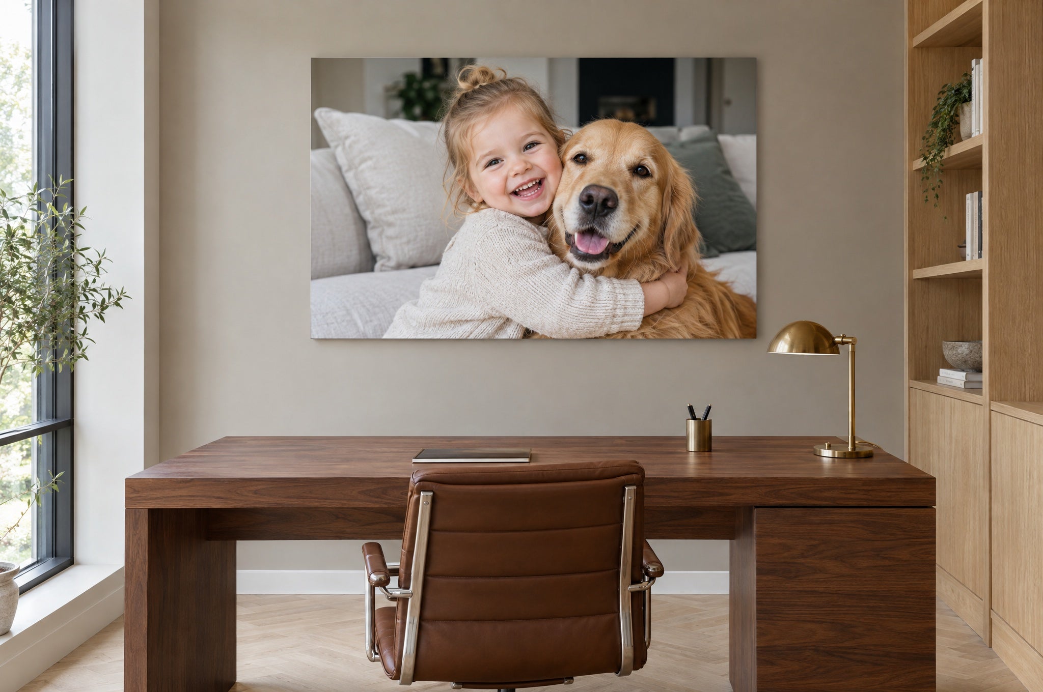 Großes Foto auf mattem Acrylglas über einem Nussbaum-Schreibtisch im Homeoffice