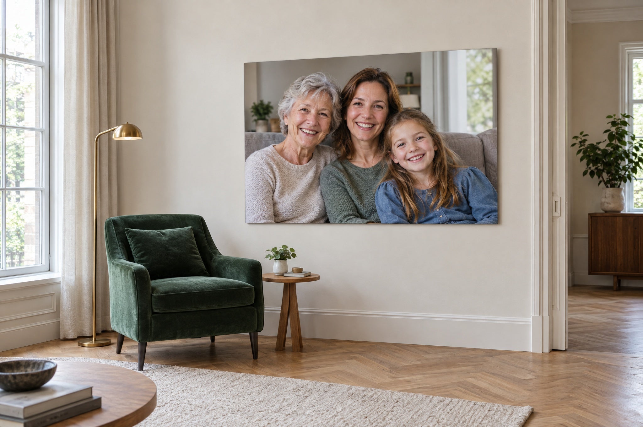 Grote foto op mat plexiglas naast een groene fluwelen fauteuil in een klassieke woonkamer