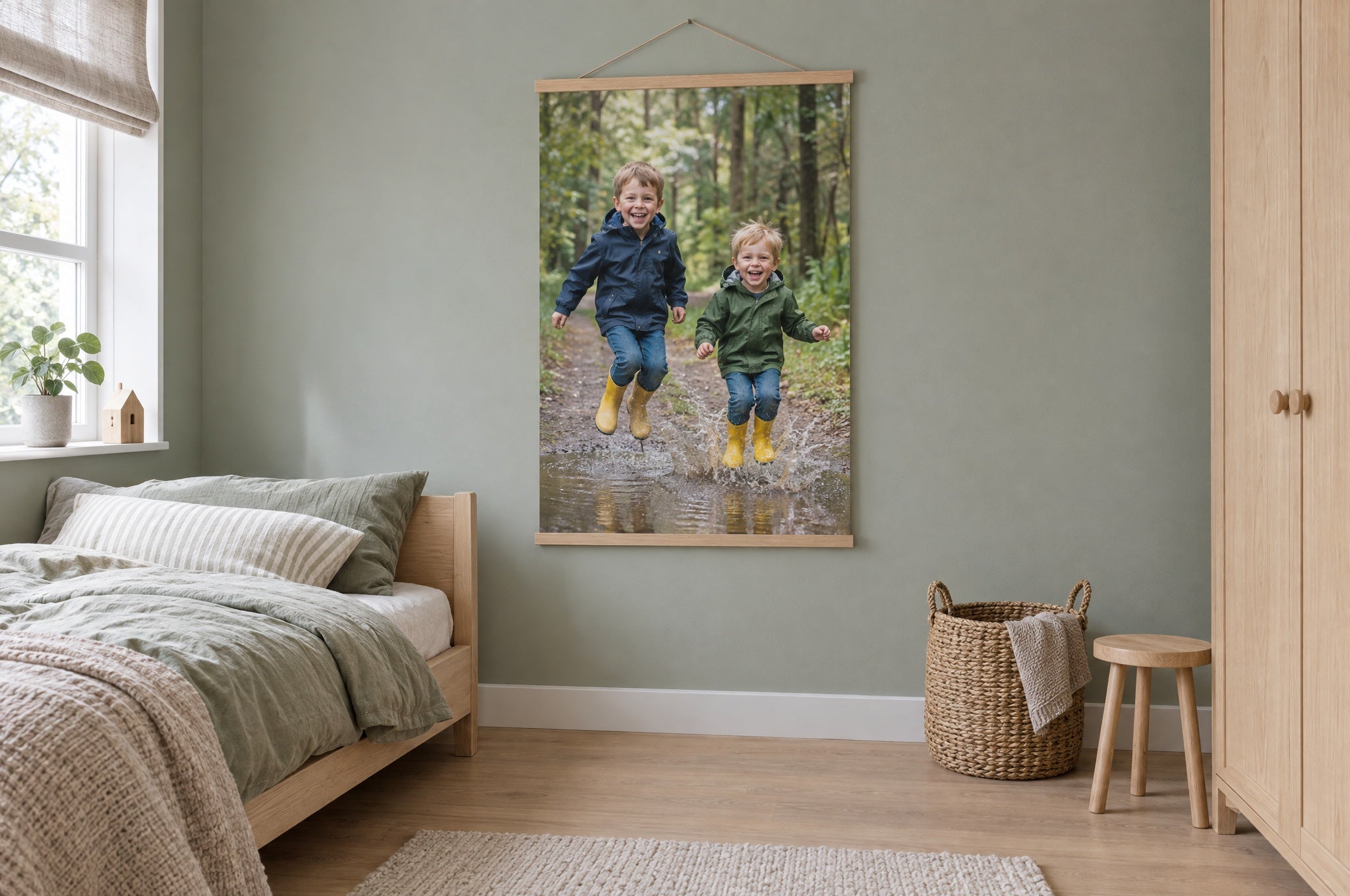 Fotoposter in Holz-Posterleiste in einem ruhigen skandinavischen Kinderzimmer