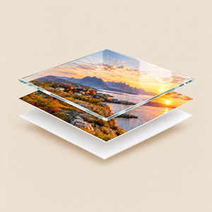 Opbouw van foto op glas: gehard glas, foto en witte achterlaag