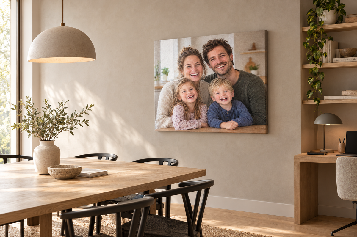 Akoestisch fotopaneel in een eetkamer met werkplek
