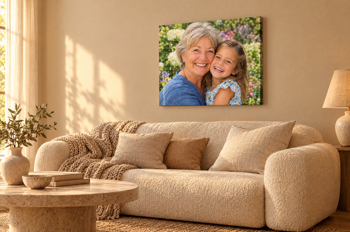 Foto op canvas boven een bouclé bank
