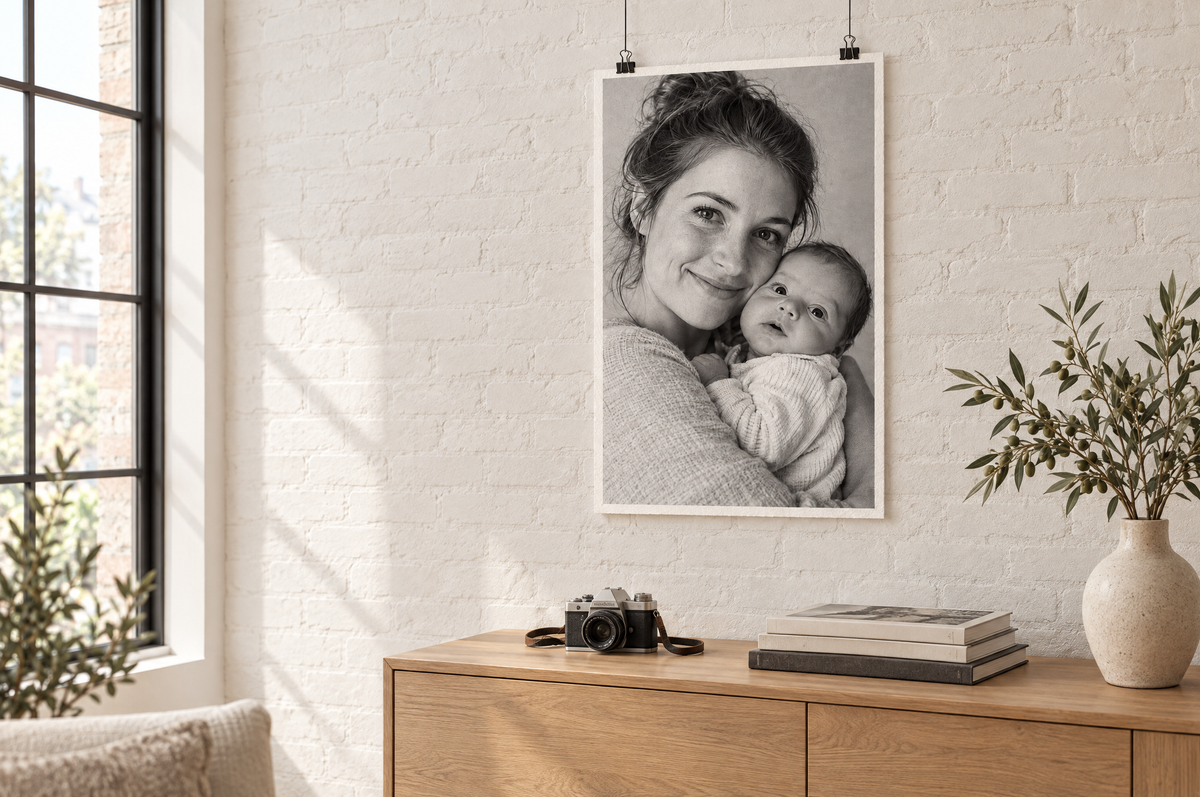 Fine-art print met klemmen aan een witte bakstenen muur