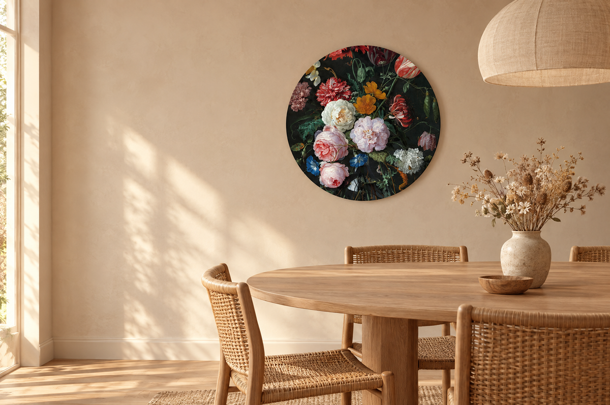 Ronde wanddecoratie met bloemenstilleven in een eetkamer