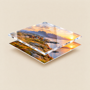 Opbouw van plexiglas: helder acrylglas boven de foto